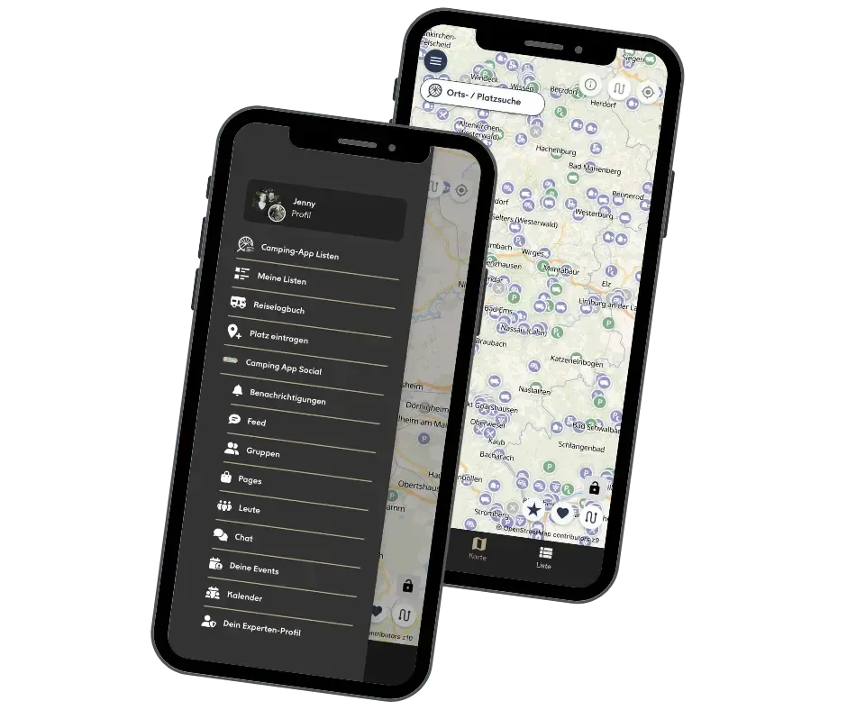 Camping App: meny- og kartvisning på mobilen