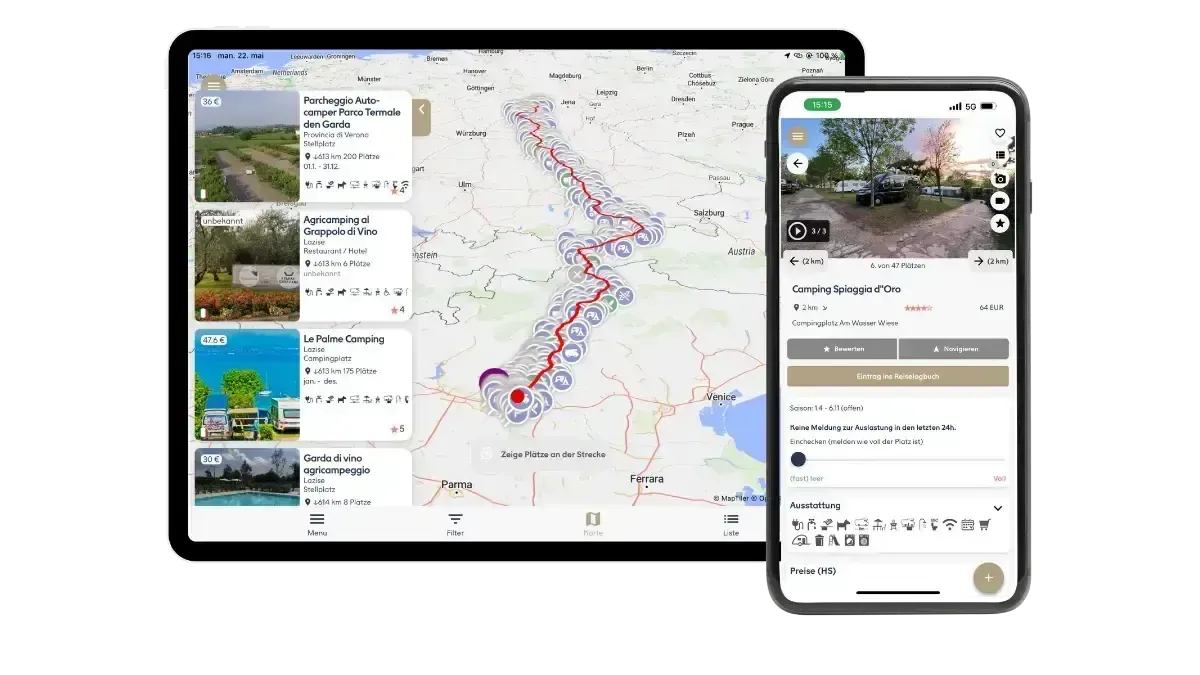 Camping App på iPhone og nettbrett: kart med bobilplasser i Europa