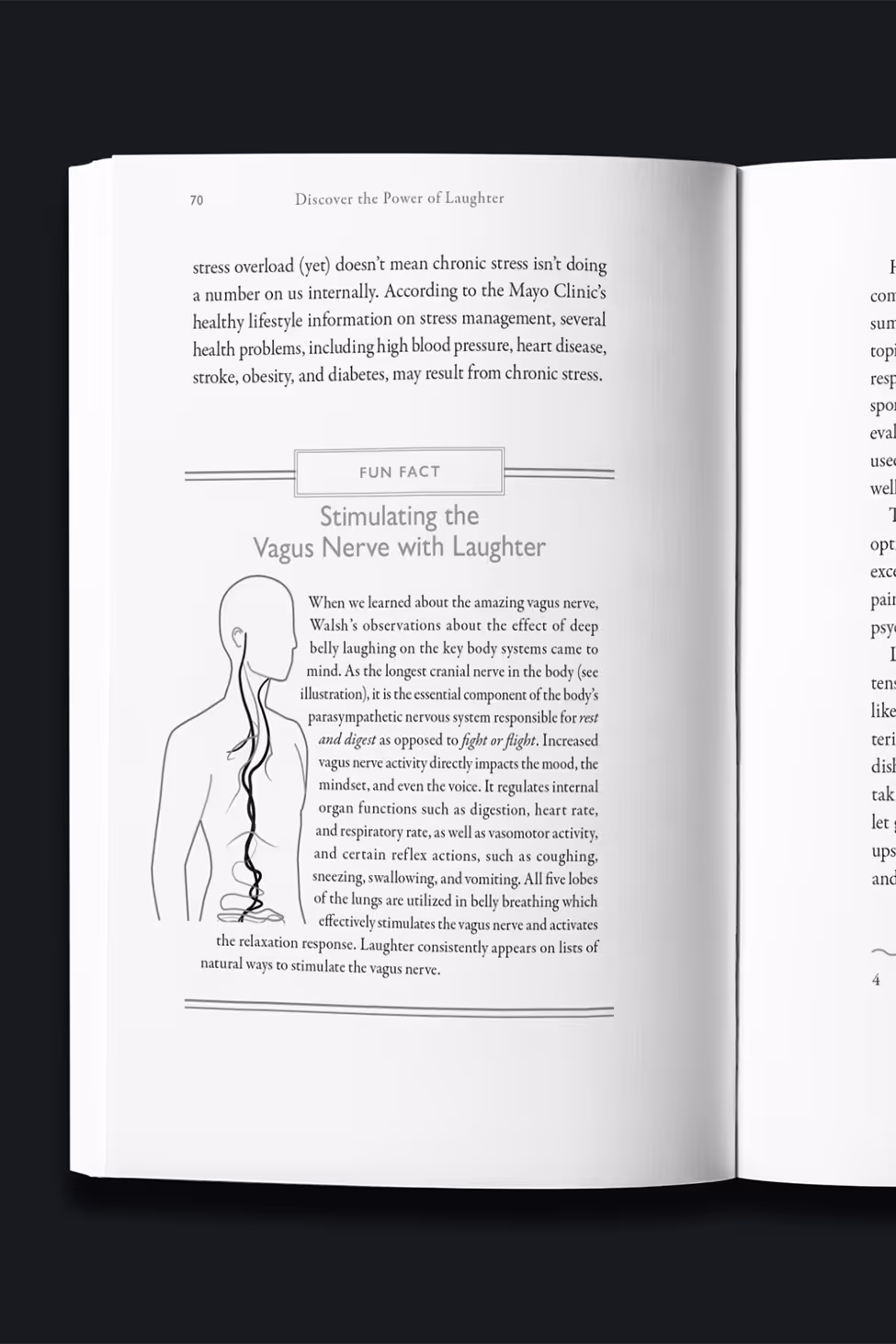 An open book page titled 'Discover the Power of Laughter,' featuring a section labeled 'Fun Fact' discussing the benefits of laughter on the vagus nerve, accompanied by a simple illustration of a human figure.