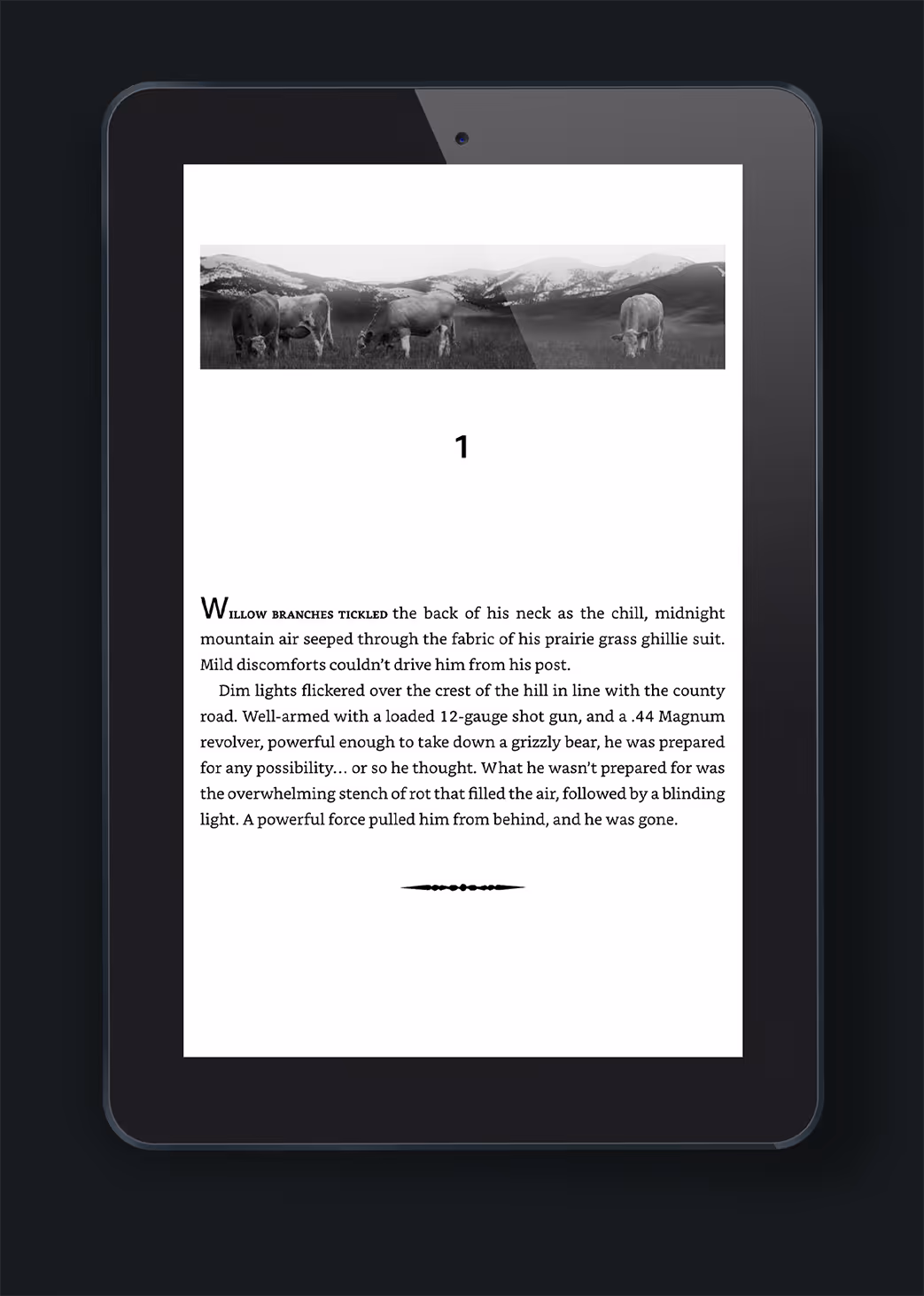 A digital tablet displaying a page of text from a novel, featuring a landscape image at the top. The text begins with the character's name and describes a scene in the countryside. This layout suggests publisher interior book design, relevant to ongoing book design services.
