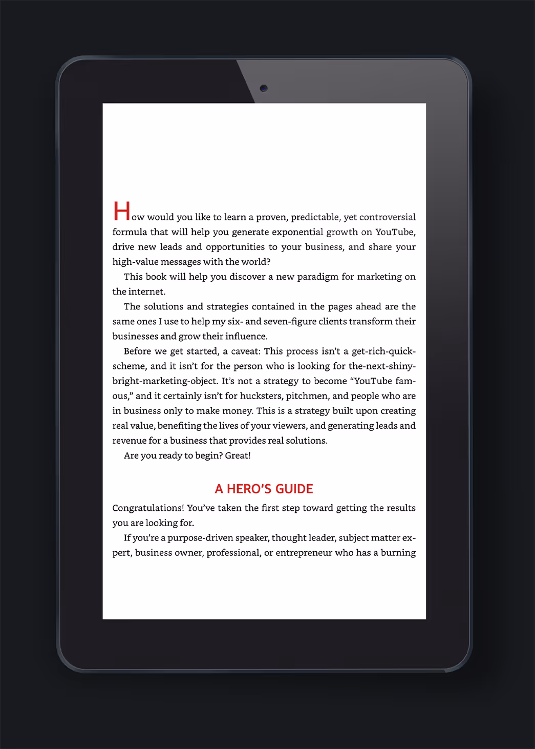 An e-book displayed on a tablet screen, featuring text about a marketing guide for businesses utilizing YouTube. The title reads 'A Hero's Guide' with a supportive message for entrepreneurs on generating visibility and opportunities.