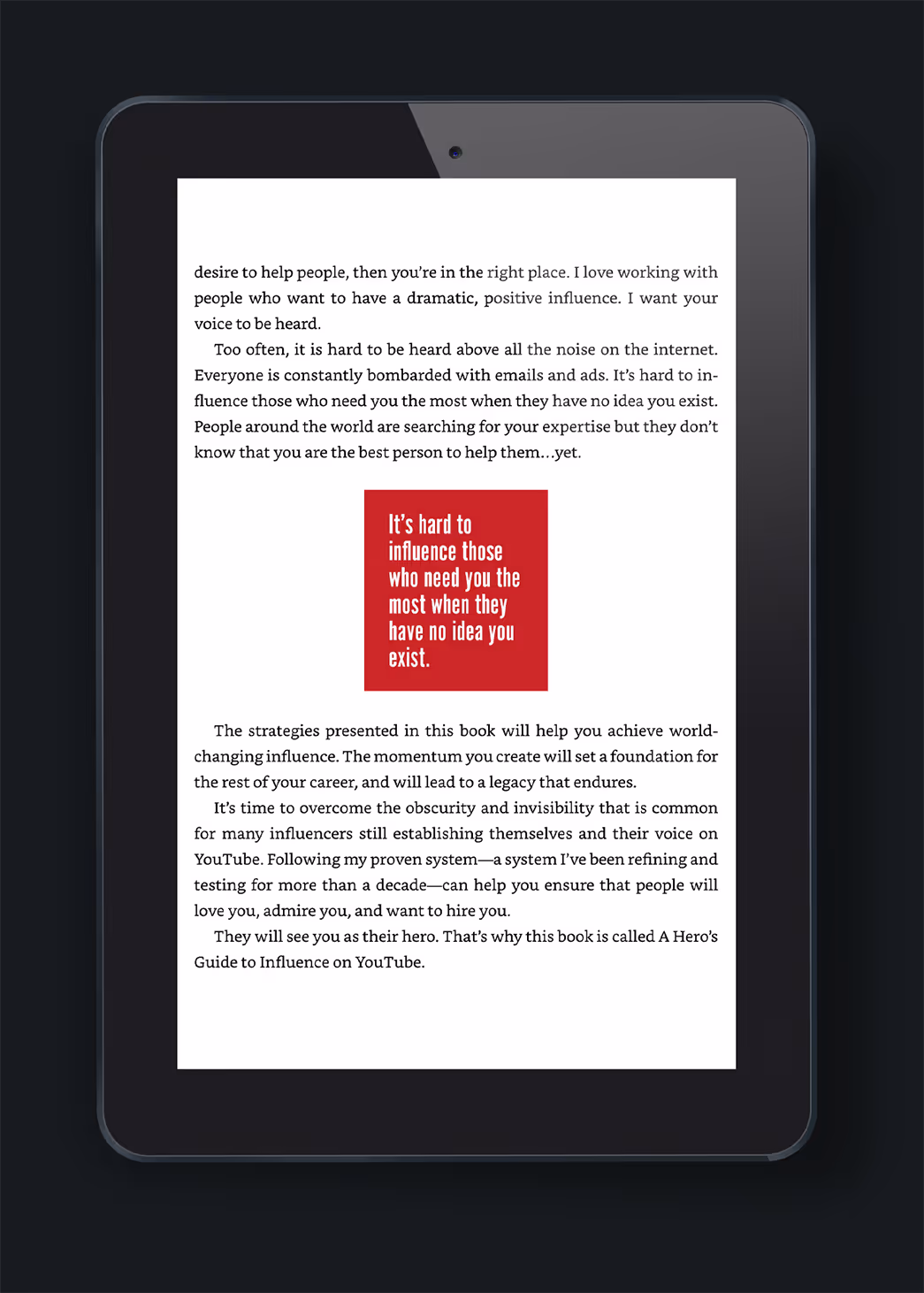A digital tablet displaying text from a book about influence and self-promotion. The prominent quote in red states, "It’s hard to influence those who need you the most when they have no idea you exist." The article discusses strategies for impactful communication.