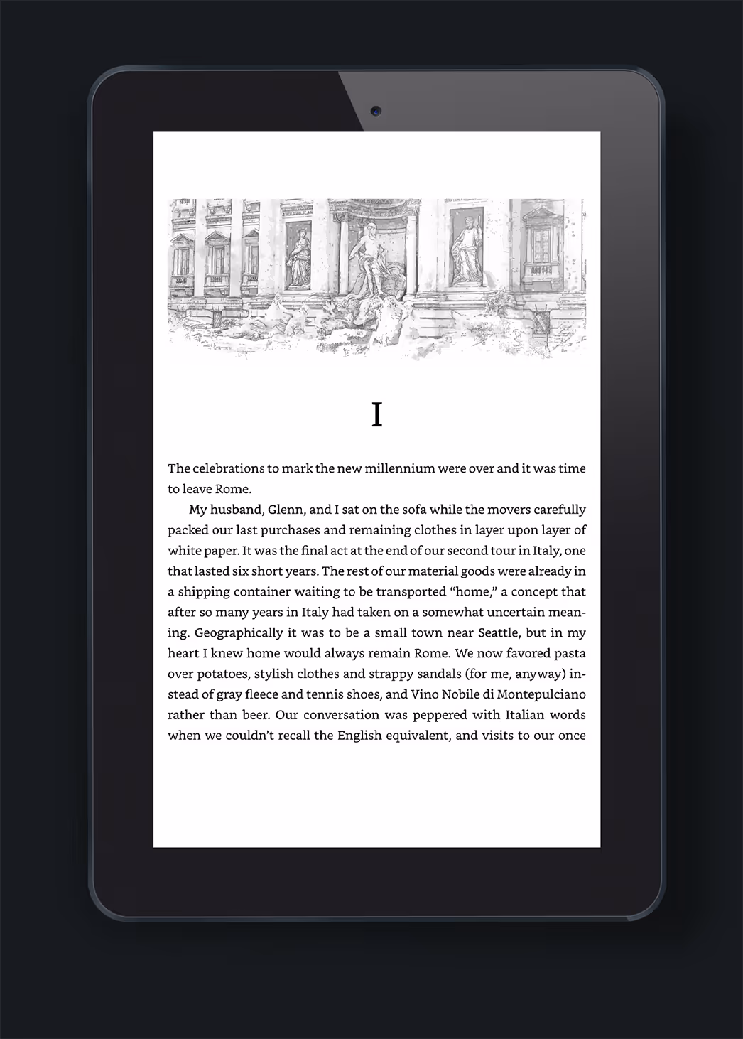 An e-reader displaying a page of text with an illustration of a historical building. The text discusses travel experiences related to moving and shopping. The image relates to publisher book design services and ongoing book design services.