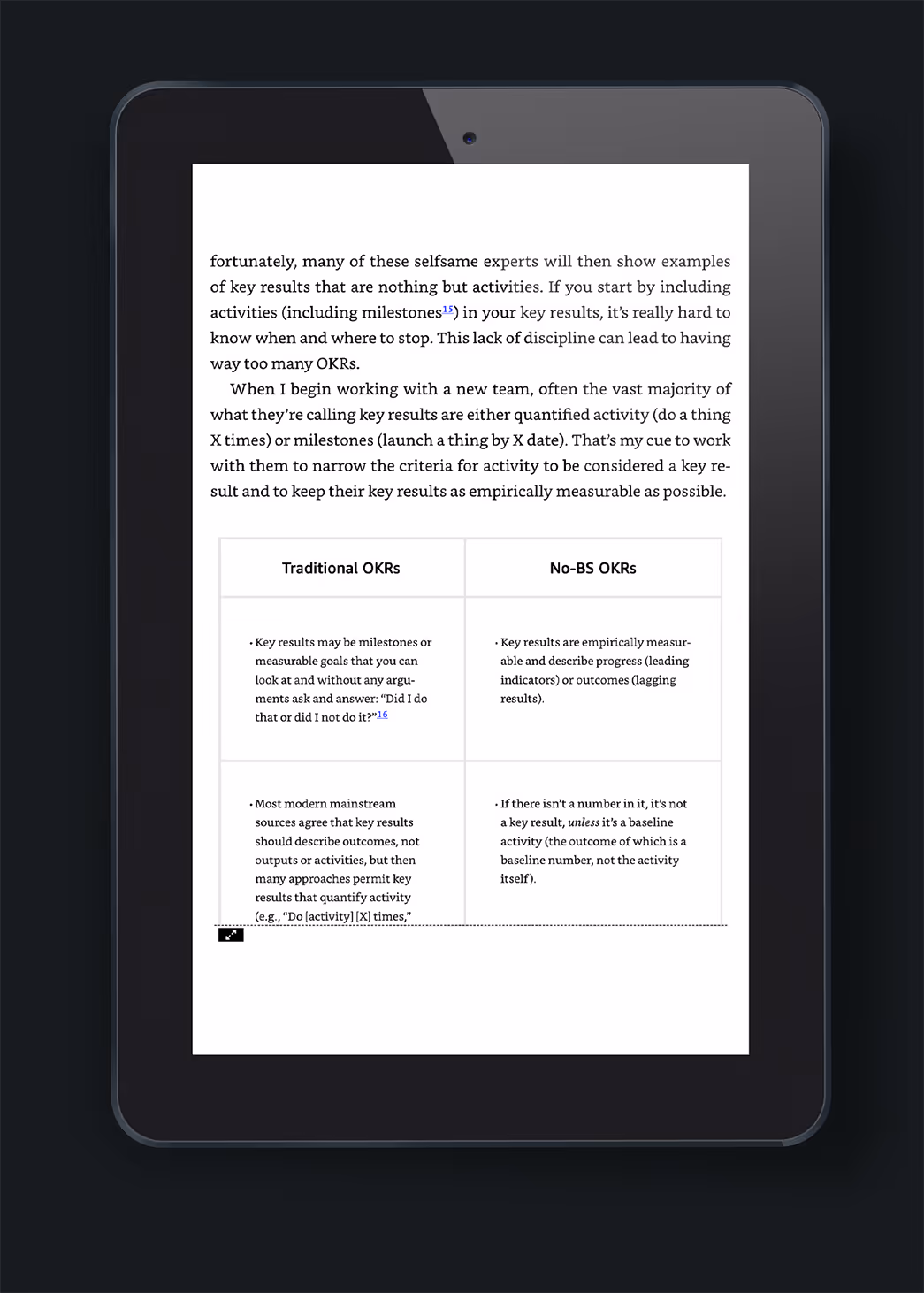 A tablet displaying a document with two columns titled 'Traditional OKRs' and 'No-BS OKRs'. The content highlights the differences between key results and activities in performance measurement.