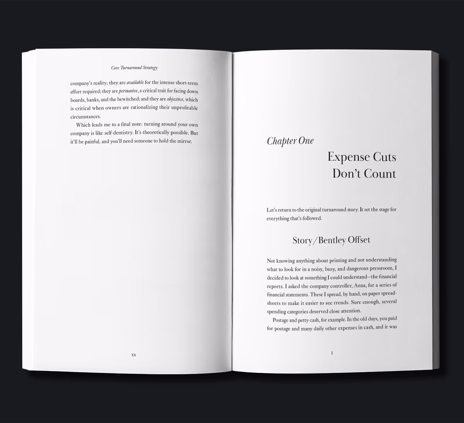Open book displaying Chapter One titled "Expense Cuts Don't Count" with a story by Bentley Offset. The left page contains text, while the right page features the chapter title and page number, highlighting publisher book design services.