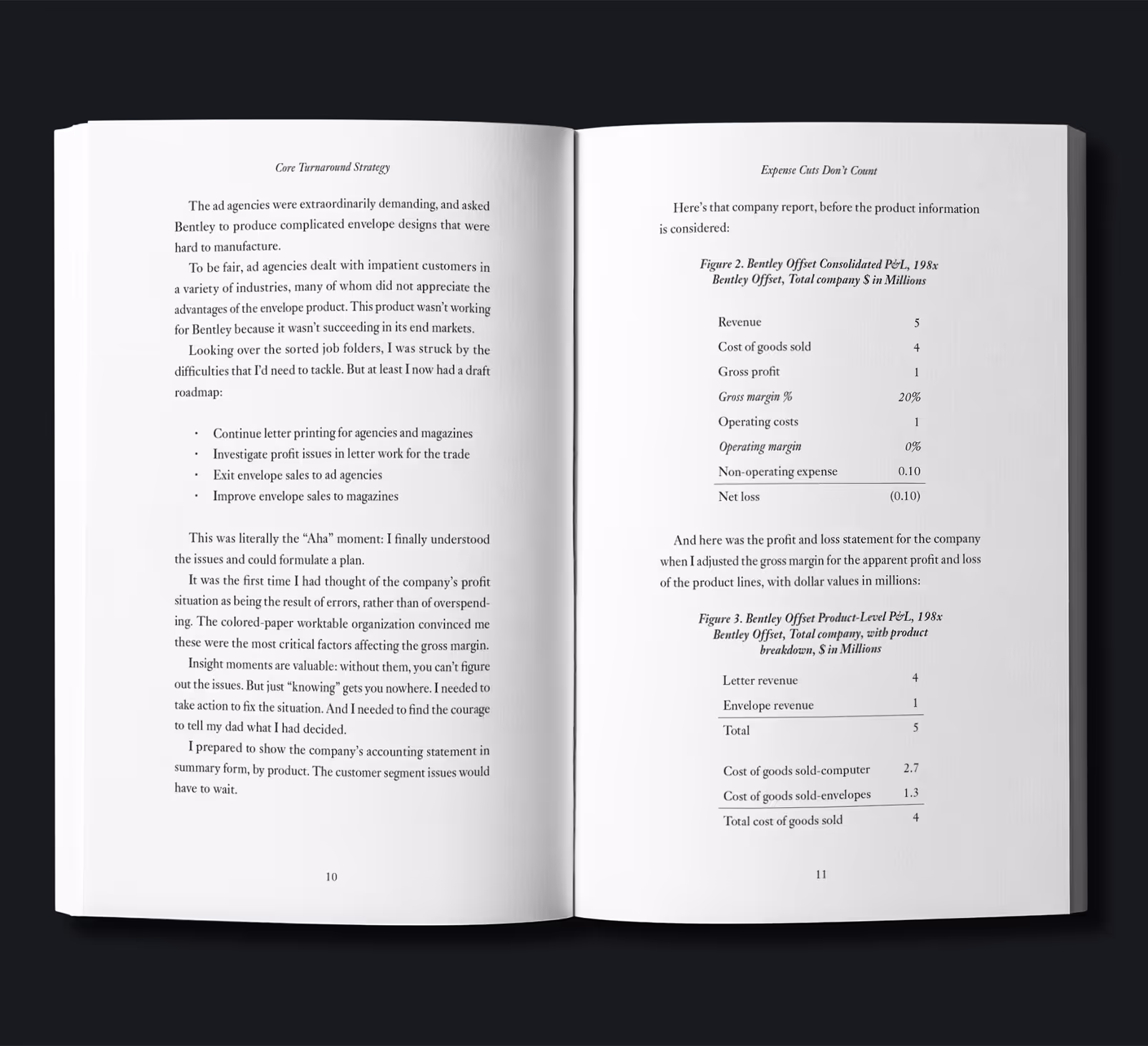 An open book displaying two pages with text and a table. The left page discusses strategies for managing projects, while the right page contains a table with financial data, including revenue and costs. Relevant to publisher book design services.
