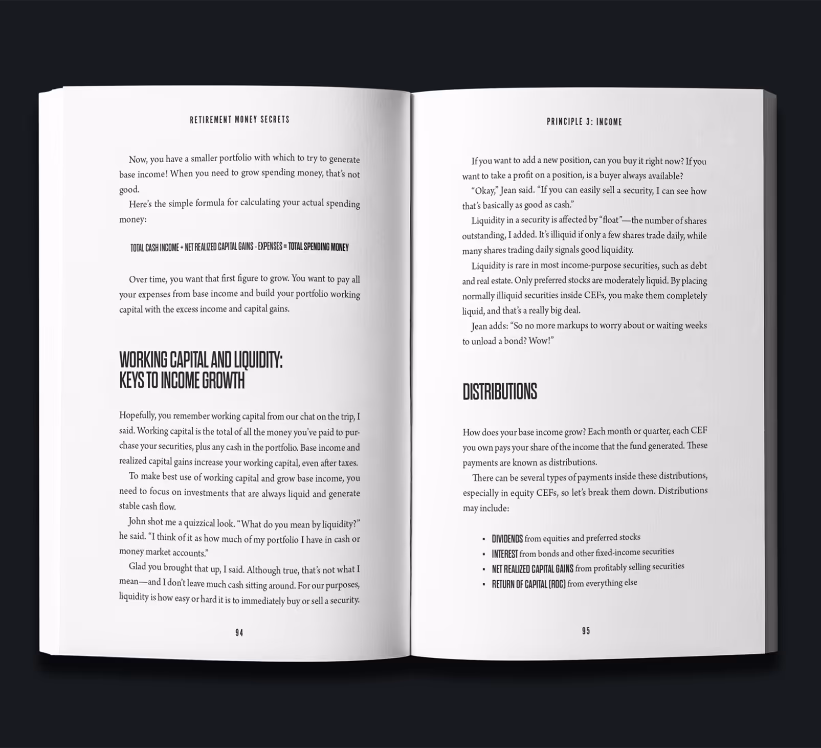Open book displaying two pages of text. The left page discusses retirement money secrets, focusing on income growth through working capital and liquidity. The right page outlines distributions related to income strategies, including types and characteristics.