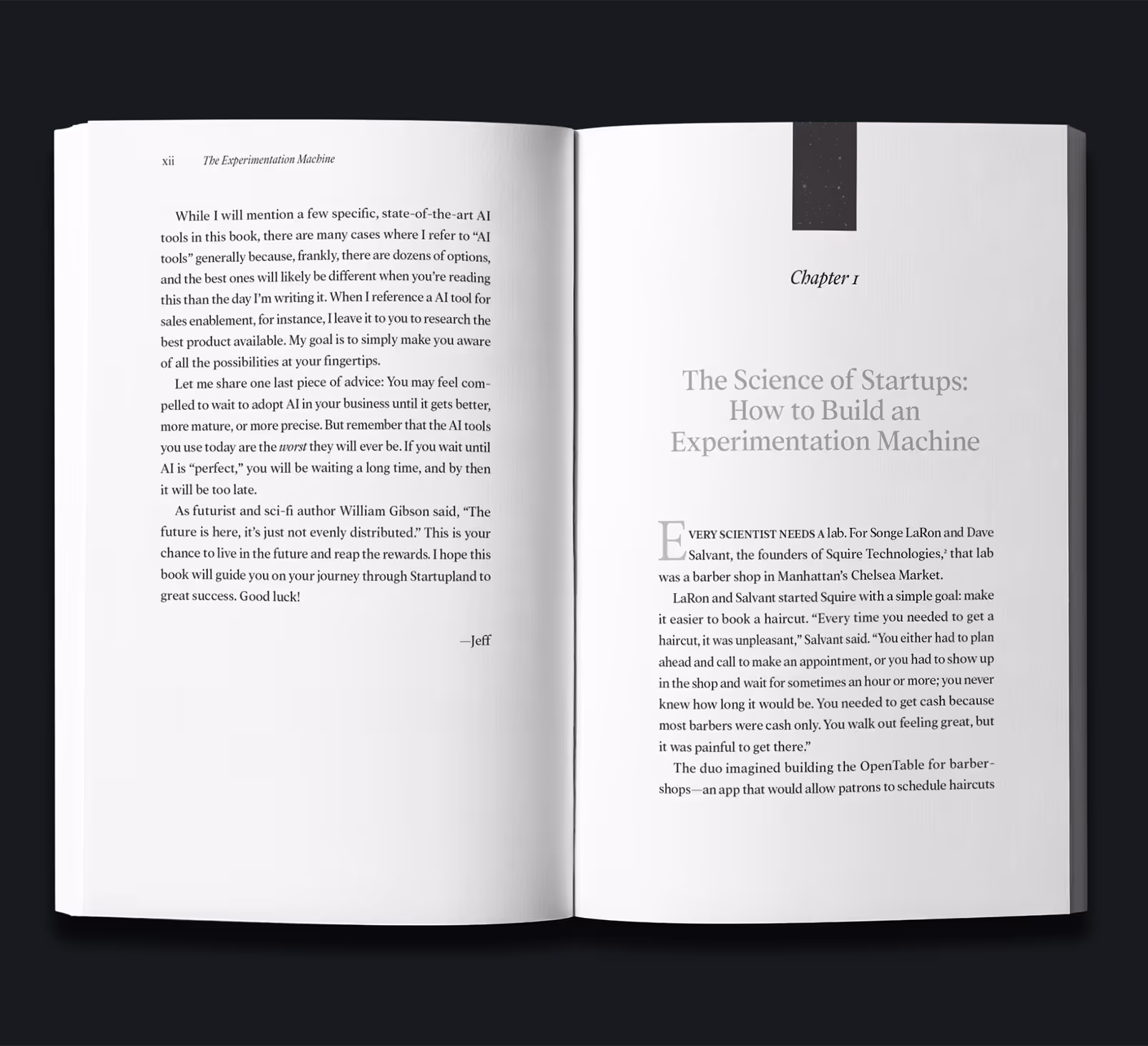 An open book with two pages displayed, showing the title "The Science of Startups: How to Build an Experimentation Machine" and the beginning of a chapter. The design features a clean layout with a modern font, relevant for publisher book design services.