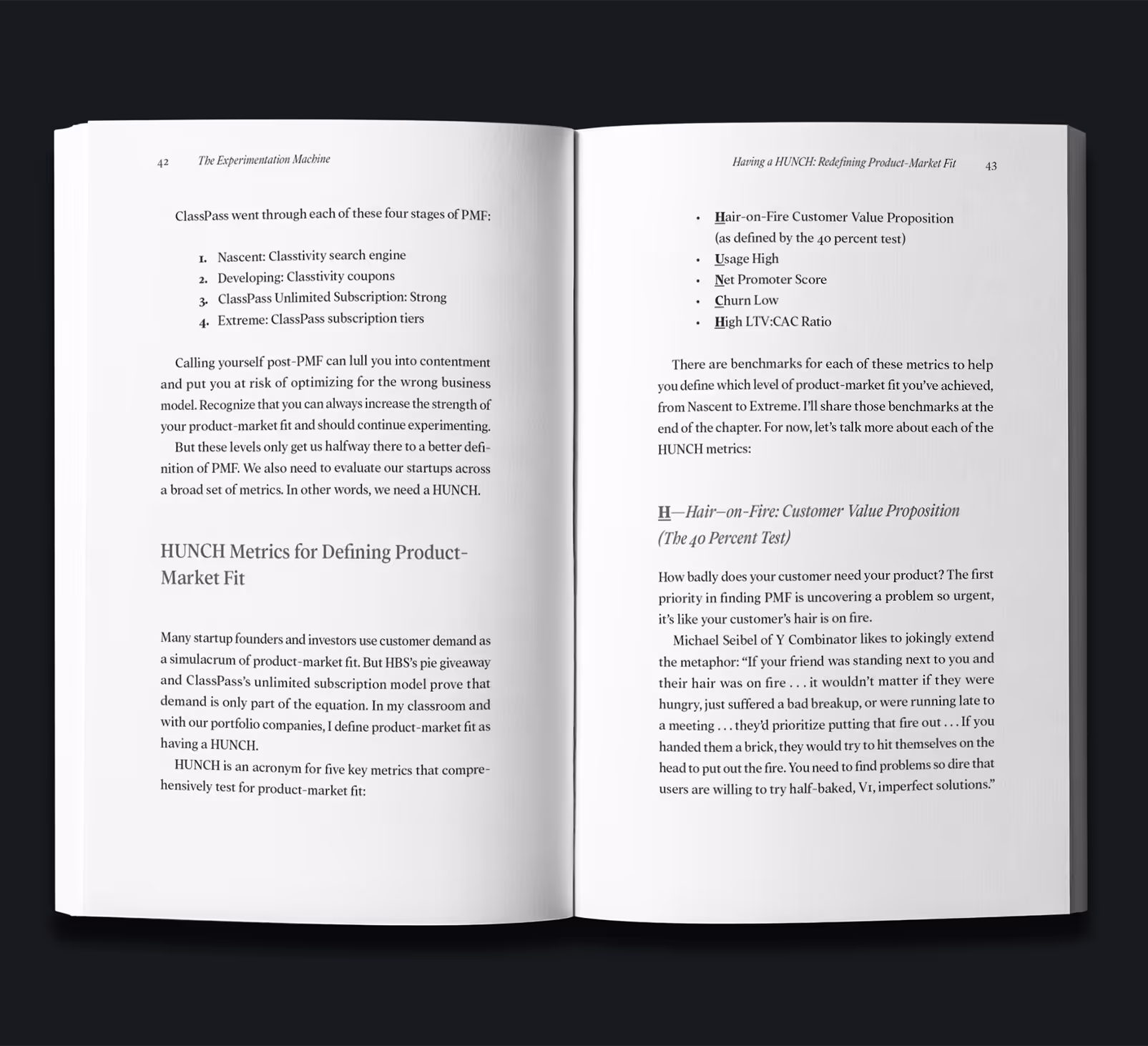An open book on a dark background, displaying two pages of text. The left page discusses the Experimentation Machine and HUNCH Metrics for defining product-market fit. The right page covers Five Customer Value Propositions.