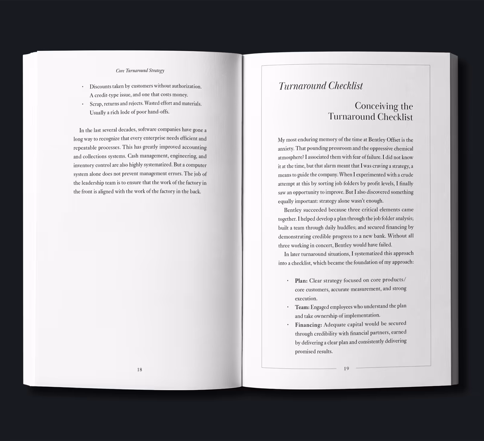 Open book layout displaying two pages. The left page includes a section on 'Core Turnaround Strategy,' with bullet points and description. The right page features 'Turnaround Checklist,' detailing planning strategies in a professional format, suitable for publisher interior book design.