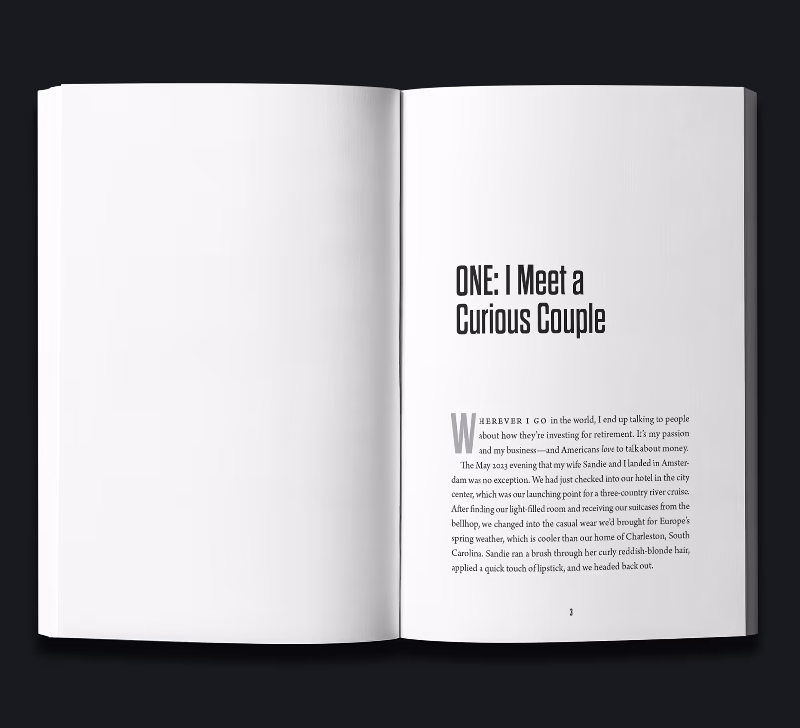 An open book on a dark background showing the title "ONE: I Meet a Curious Couple" on one page and a mostly blank page on the opposite side. This represents publisher book design services and ongoing book design services.