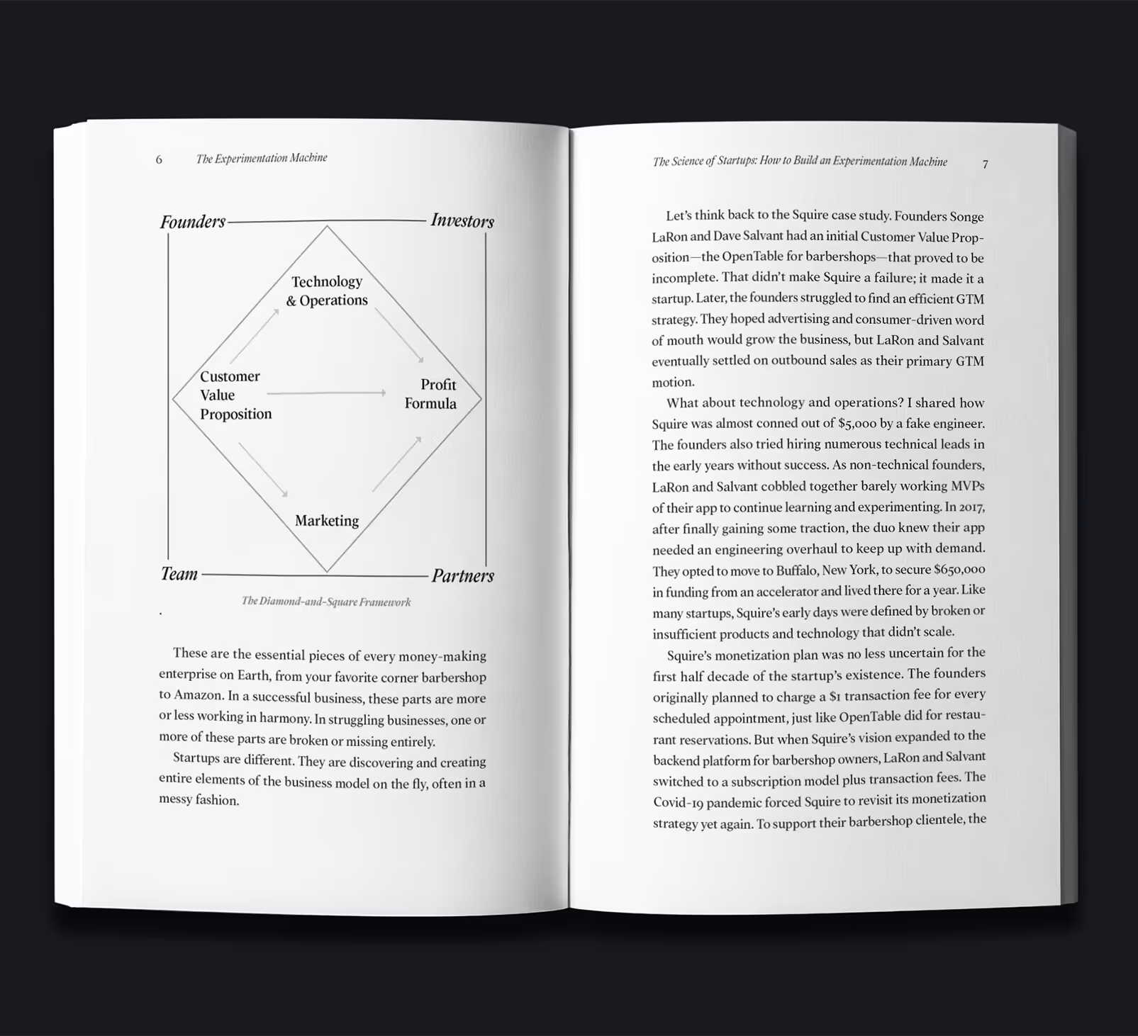 An open book with two pages displayed. The left page shows a diagram titled 'The Experimentation Machine' with sections labeled: Founders, Investors, Team, and Partners. The right page features text discussing business strategies and customer value propositions.