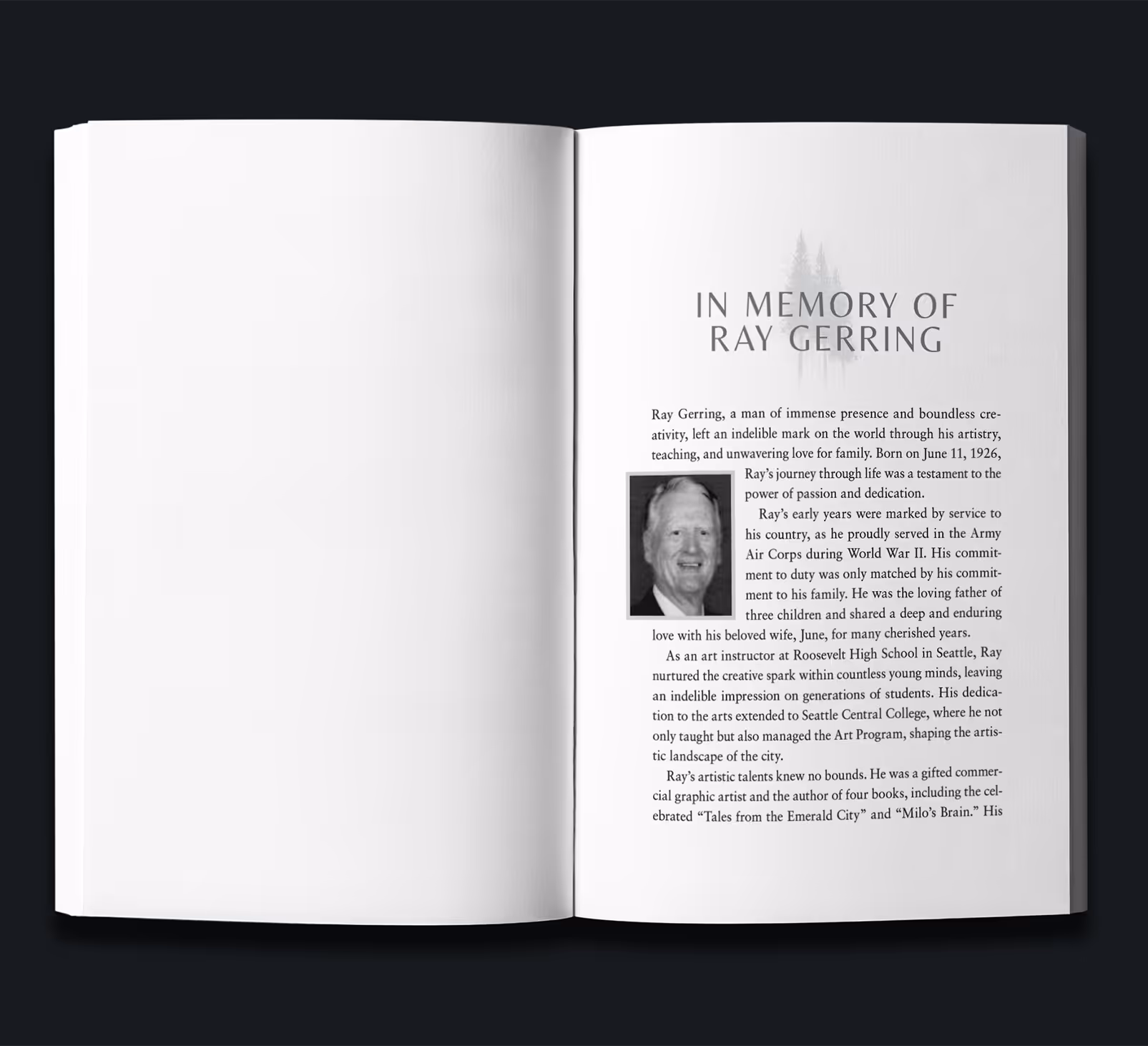 An open book with a tribute page dedicated to Ray Gerring. The left page is blank, while the right page features an inscription honoring Gerring's contributions, alongside a grayscale photograph of him.