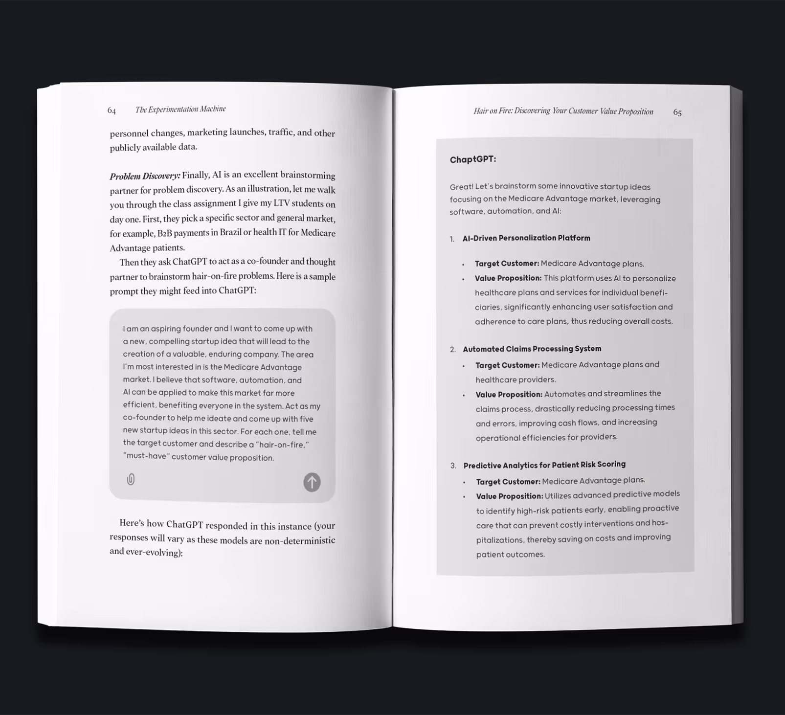 An open book displaying pages filled with text and bullet points on a black background. The left page includes a title about AI in business, while the right page outlines steps for enhancing customer value propositions, relevant for publishers seeking ongoing book design services.