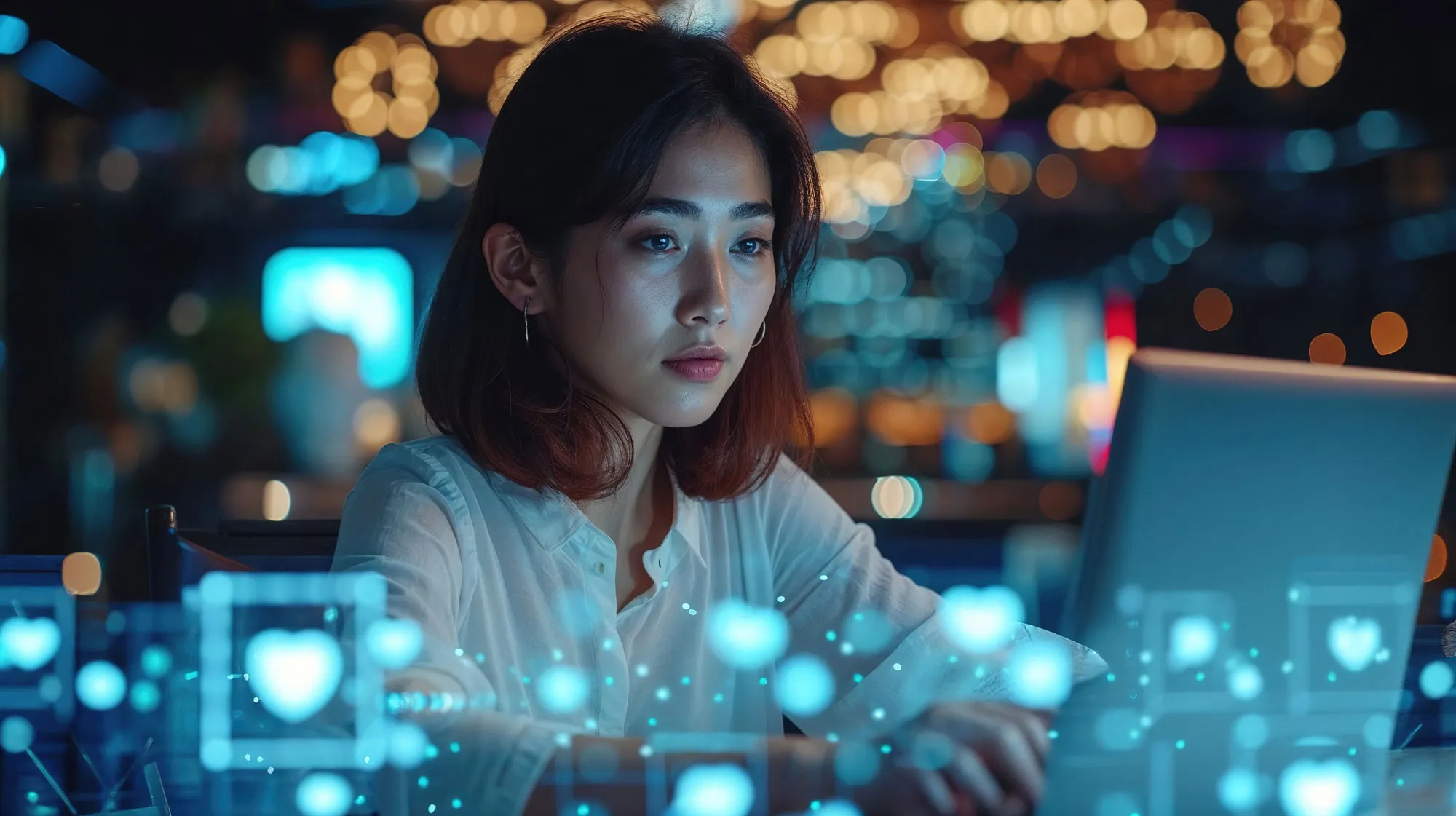 A woman working at a laptop at night, surrounded by glowing data icons