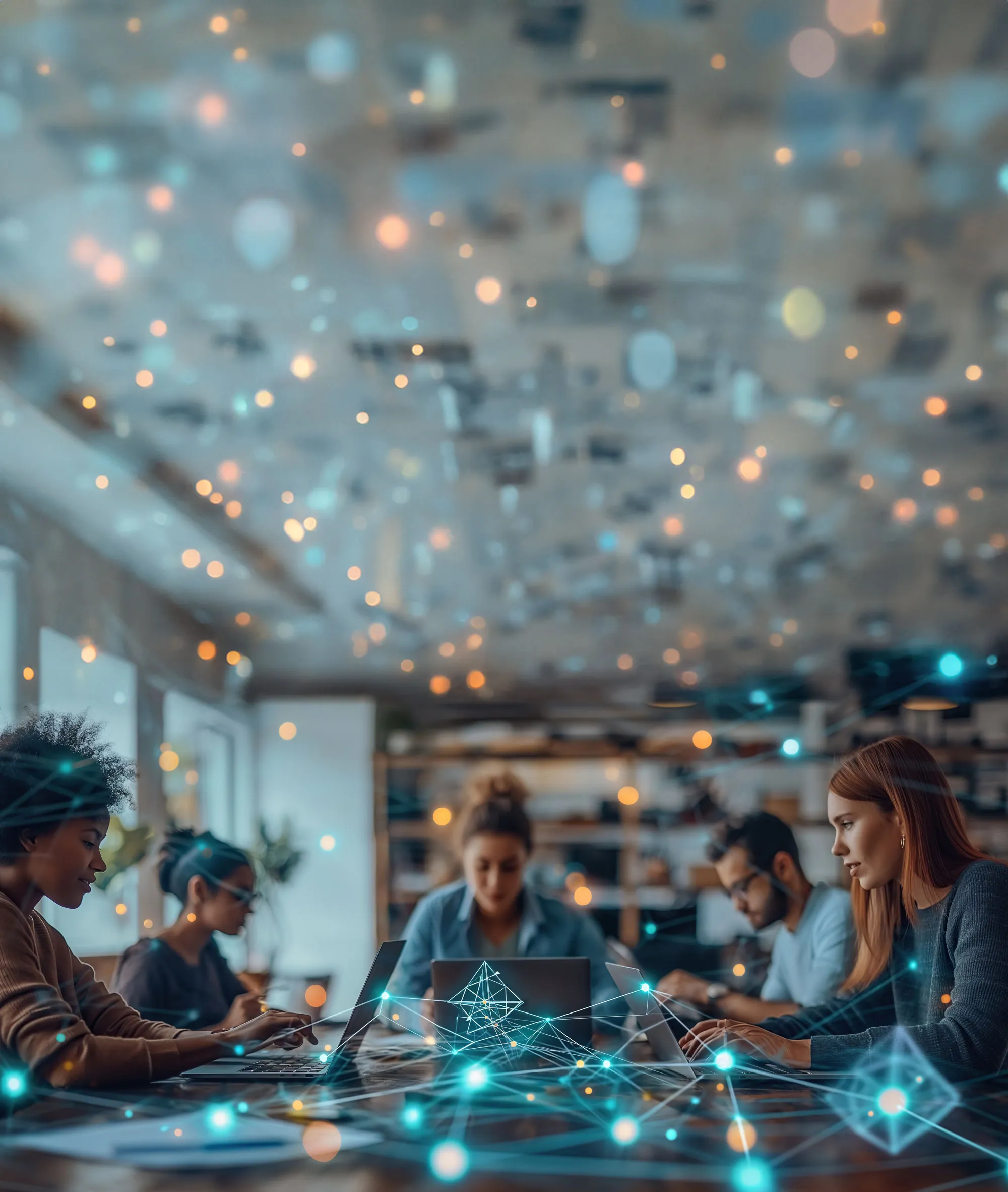 A team working on laptops around a shared table, overlaid with a glowing network graphic