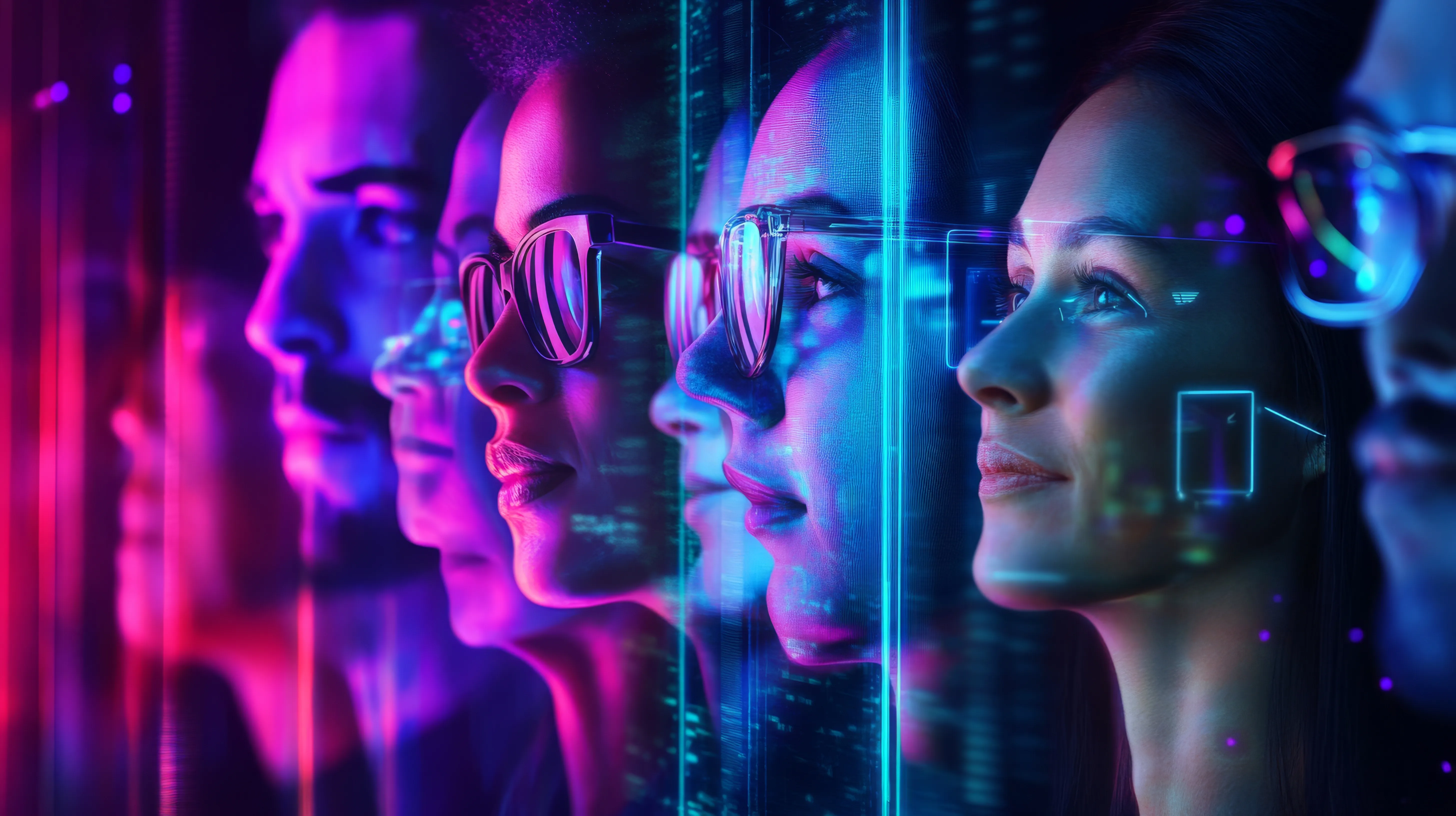 Profiles of four people in glasses, lit in pink and blue neon and overlaid with streams of data