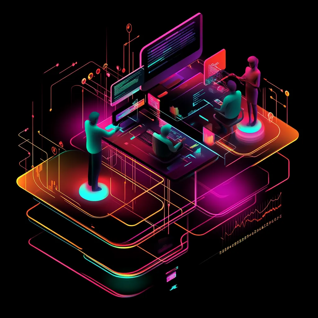 Isometric illustration of a team working across code editors and data dashboards