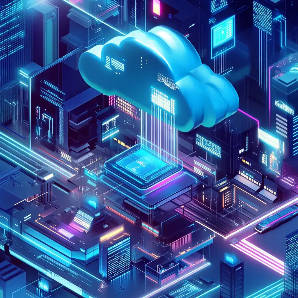 Isometric illustration of a cloud platform above a city of data systems