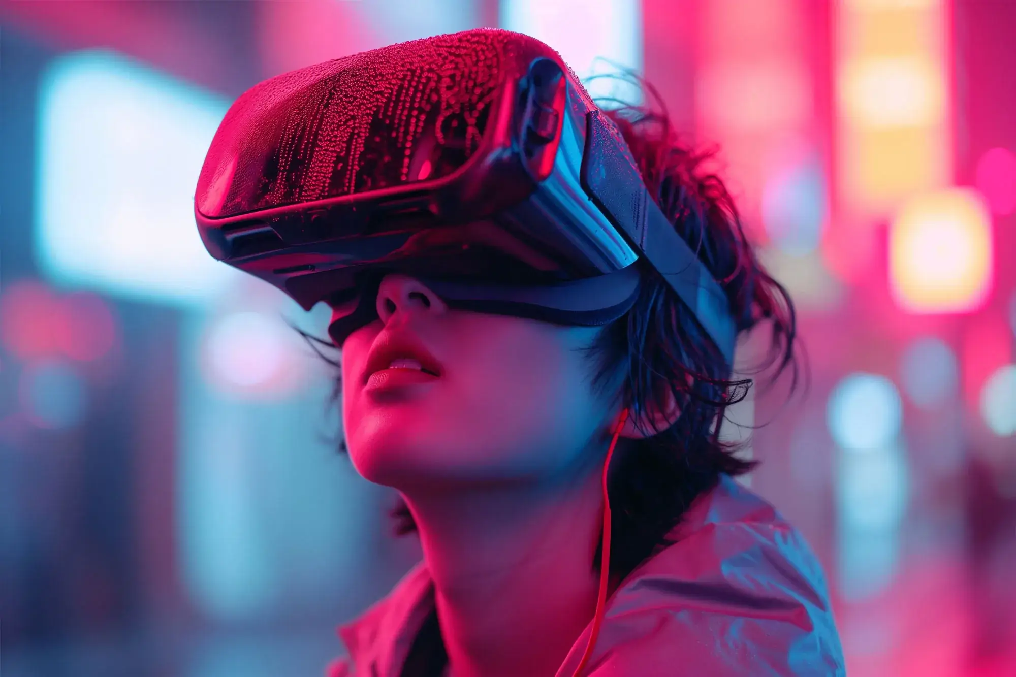 A person wearing a VR headset, lit by red and blue neon light