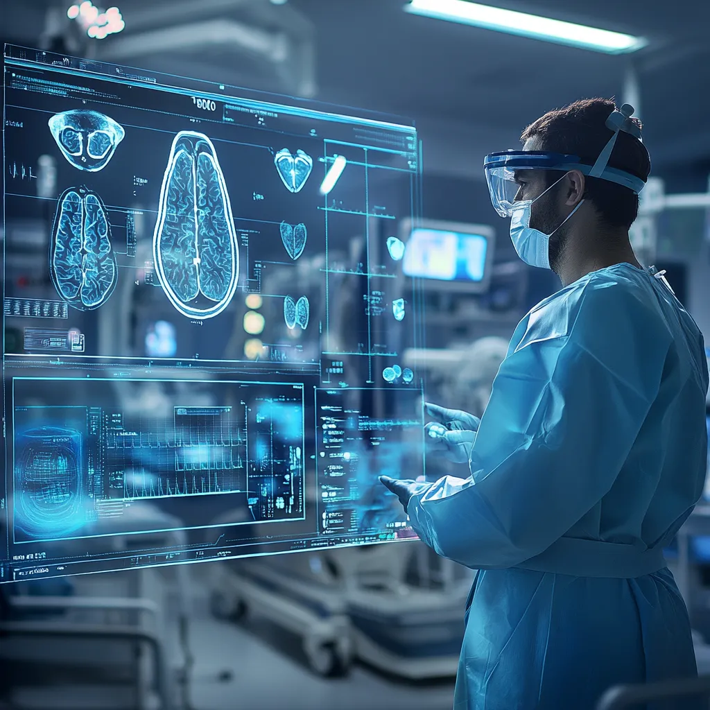 A clinician reviewing medical imaging on a large interactive display