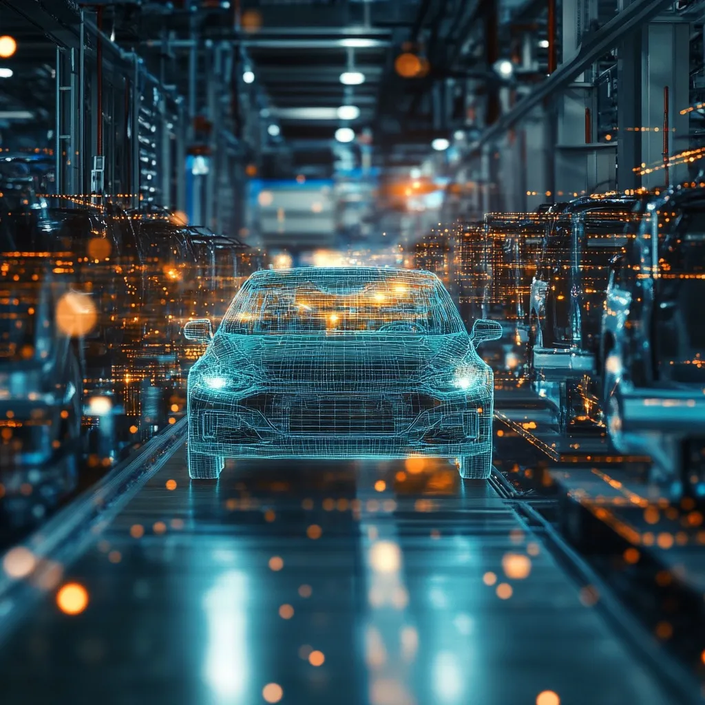 A vehicle rendered as a live digital model on an active production line