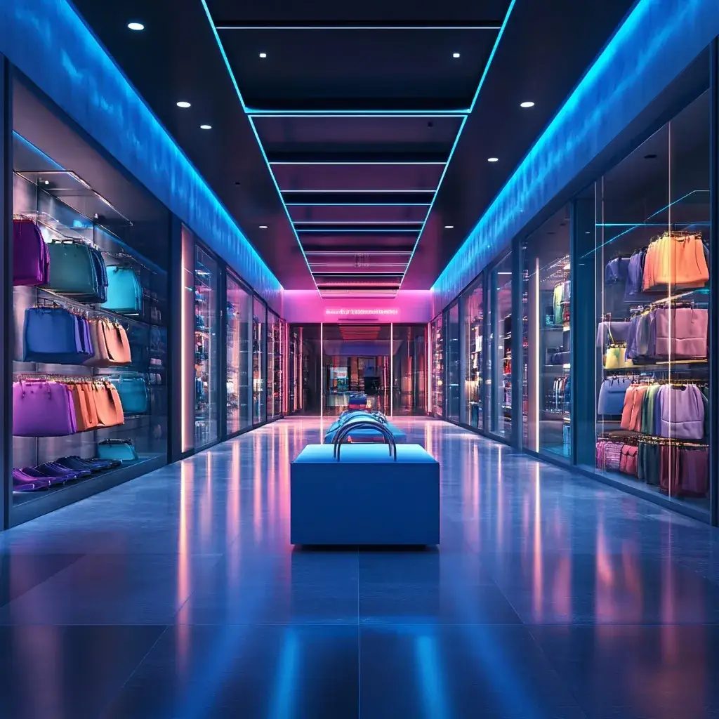 A retail store interior, cool-graded to the AIQ palette
