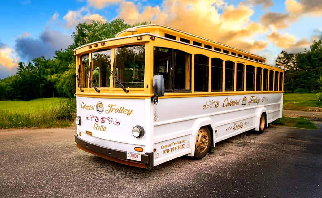 Colonial Trolley vintage trolley parked for wedding event