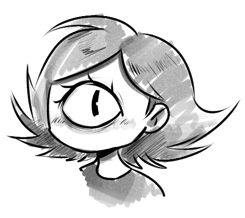 A drawing of my persona. It's in a sketchy art style, the character has one big eye and short, yet wide, swingy hair