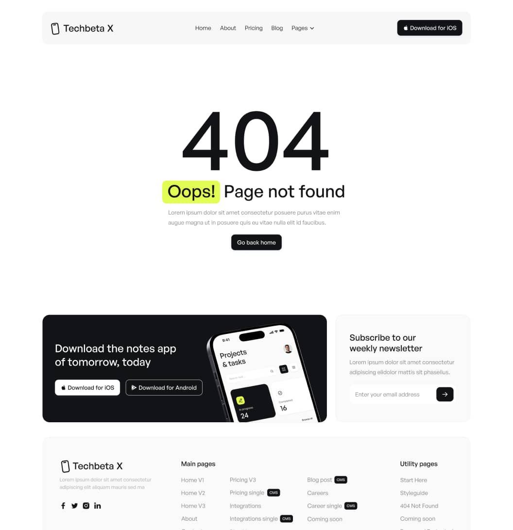 Techbeta X - Not Found Page - Tech App Webflow Template