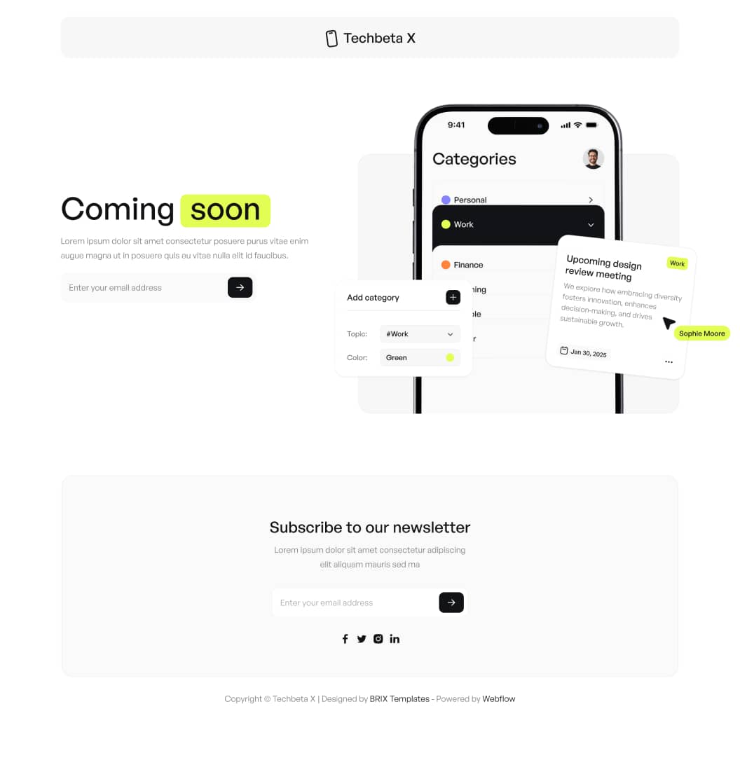 Techbeta X - Coming Soon Page - Tech App Webflow Template