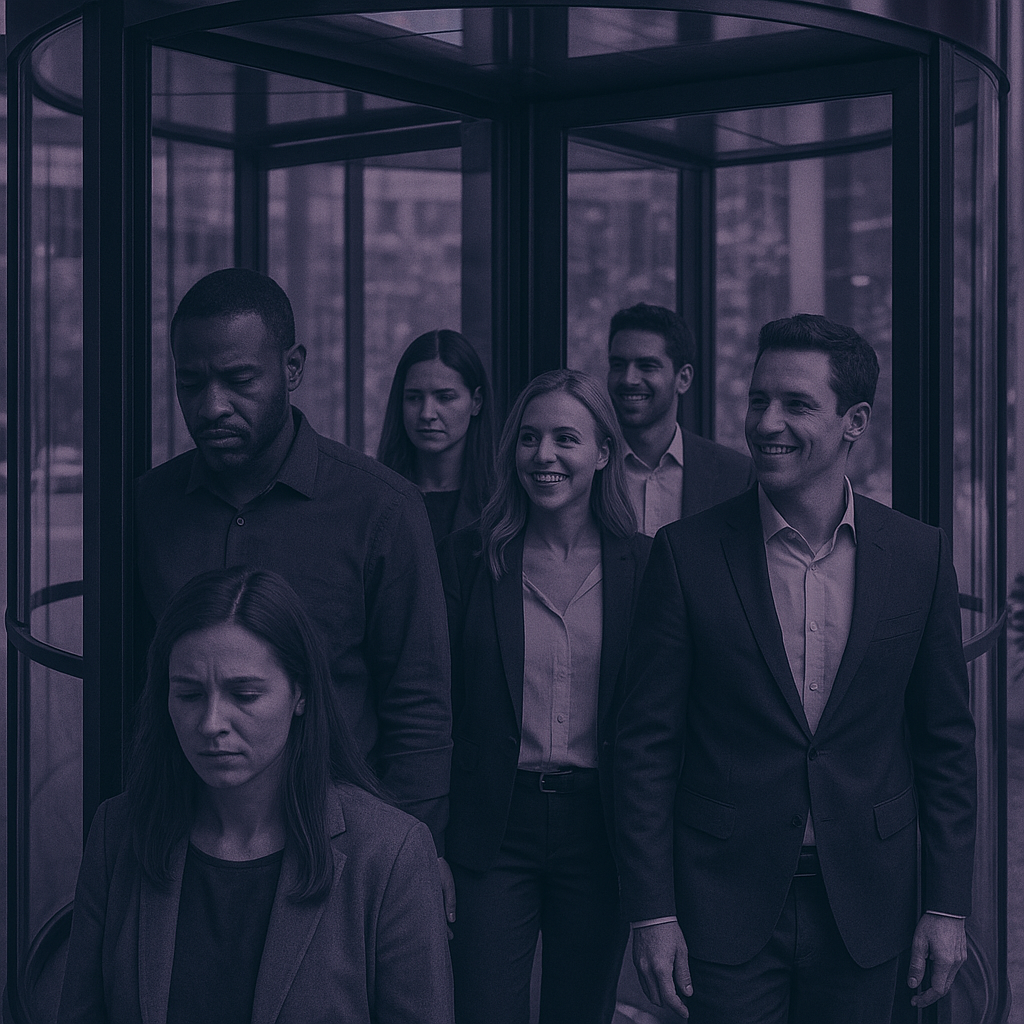 A revolving door of sad people leaving a company and others joining with smiles but looking at the leavers