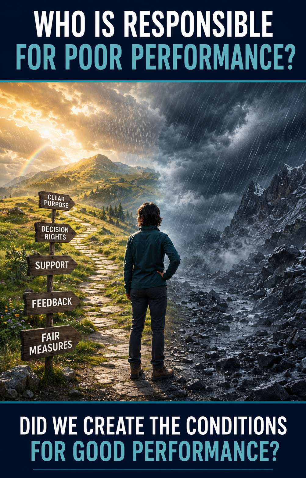 Employee standing between a supported green path and a stormy rocky route, with signs for purpose, decision rights, support, feedback and fair measures.