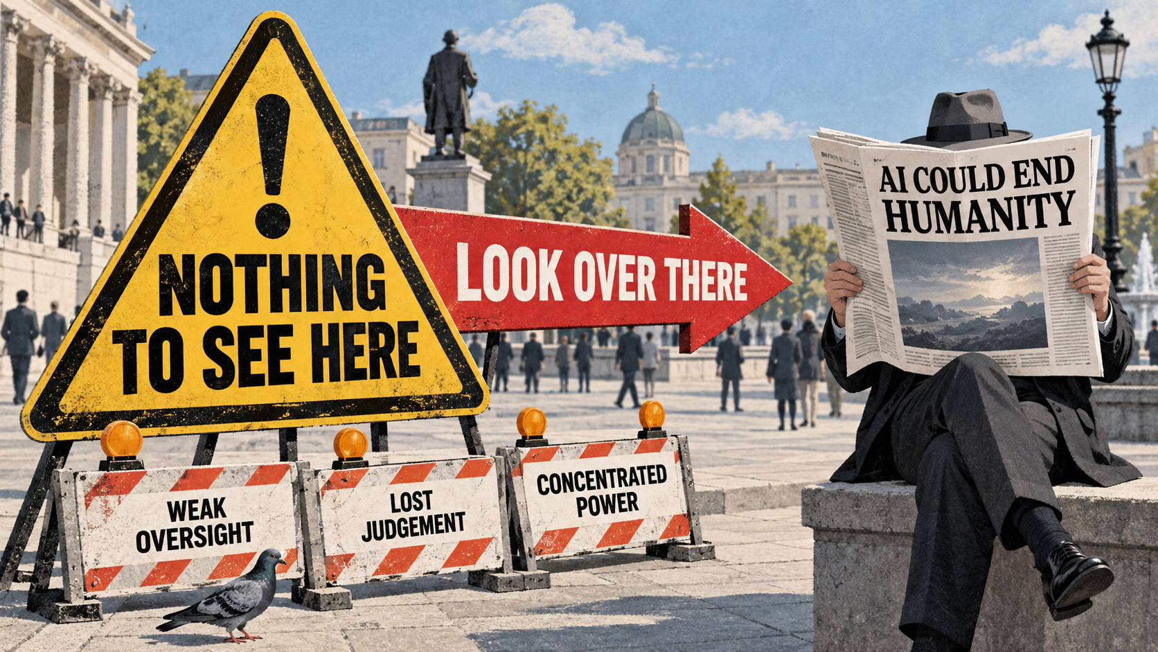 A warning sign says Nothing to See Here while an arrow points towards a sensational AI extinction newspaper and away from weak oversight, lost judgement and concentrated power.