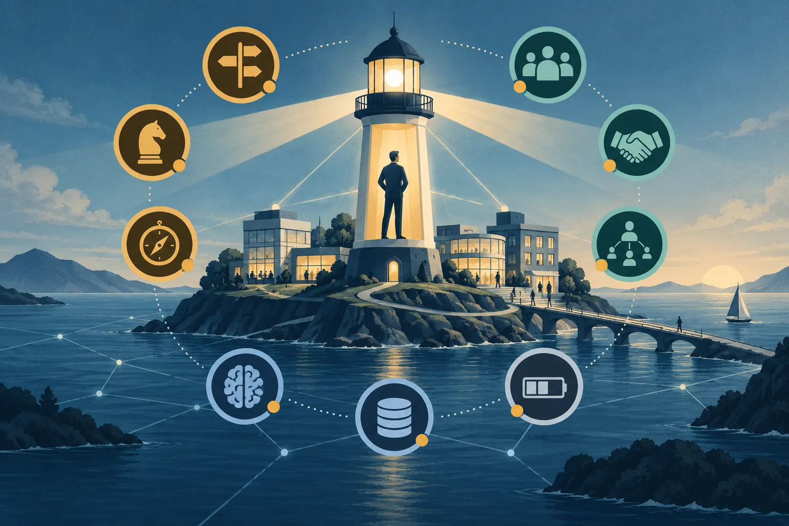A founder stands within a lighthouse surrounded by nine symbols showing how decisions, relationships, knowledge and capacity can concentrate around one person.