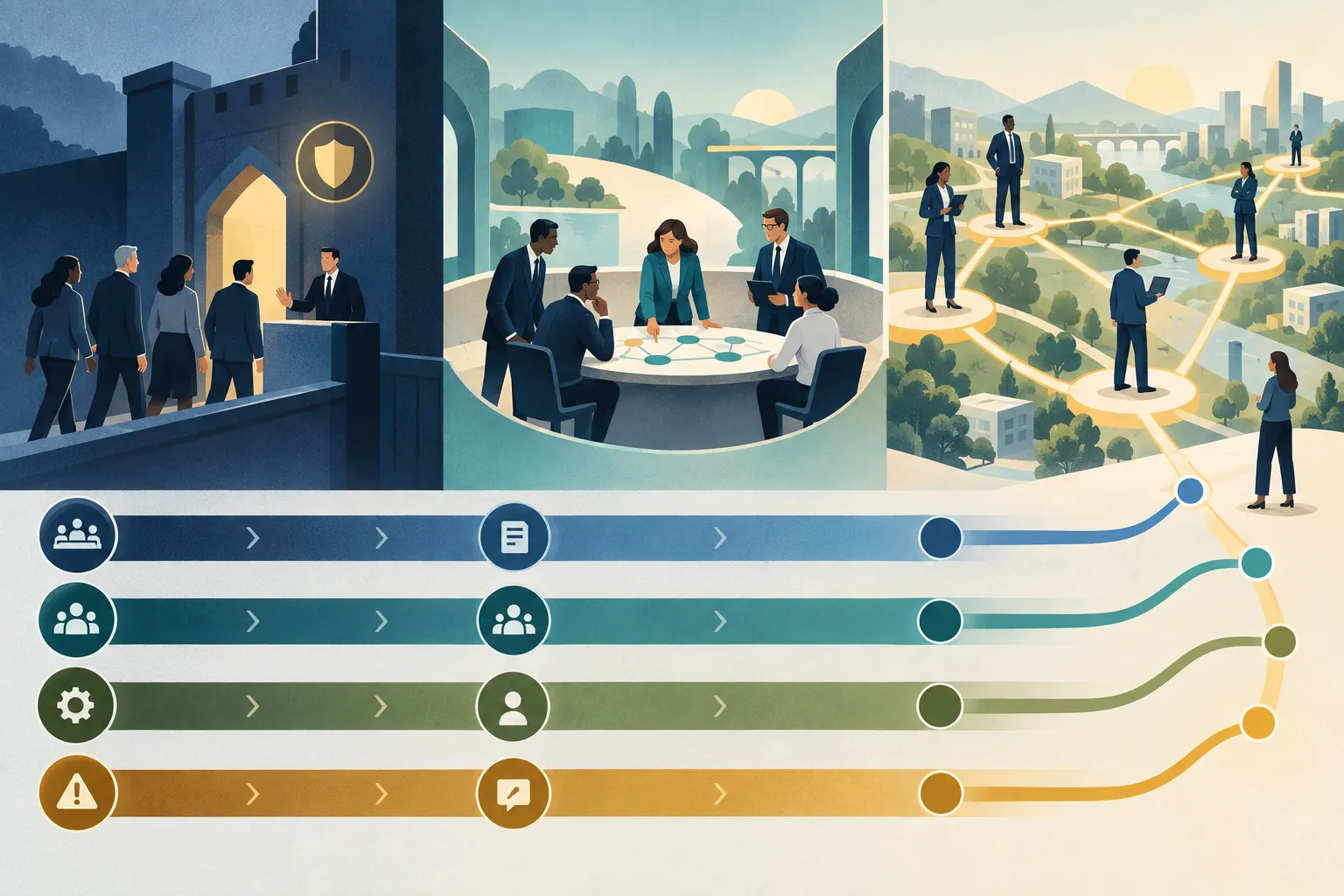 A three-stage journey moves from protected central control through collaborative clarification to distributed decision authority, supported by four decision channels.
