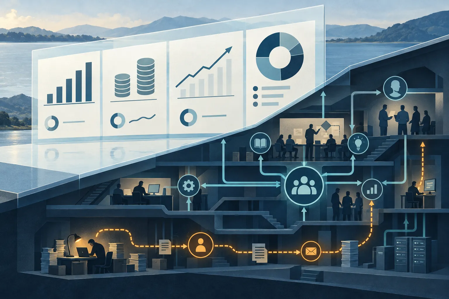 Financial charts sit above a cutaway organisation showing the decisions, knowledge, handoffs and hidden human workarounds producing the reported results.