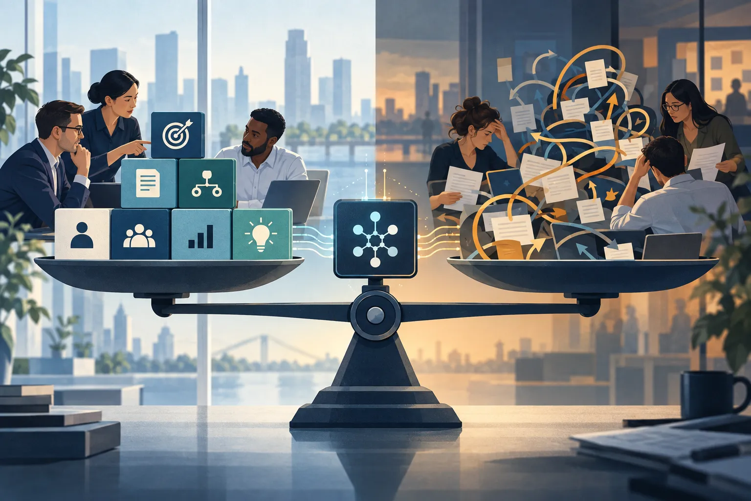 A balance compares seven structured foundations for scalable AI capability with an overloaded team caught in tangled information and unclear work.