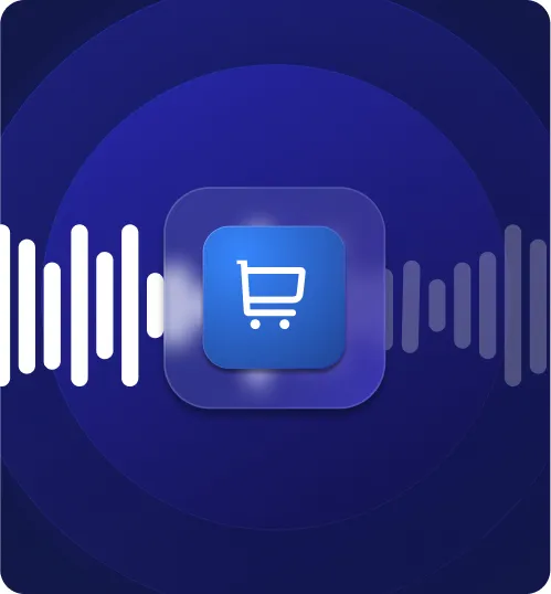 Shopping cart icon in blue square with surrounding white and gray soundwave signals on a dark blue background.