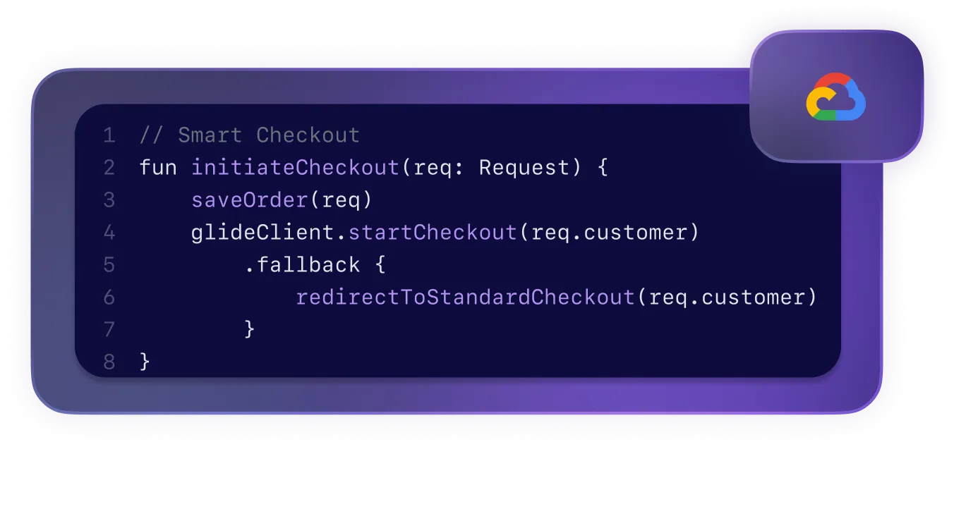 Code snippet for a smart checkout function in Kotlin that initiates checkout, saves an order, and handles fallback redirection.