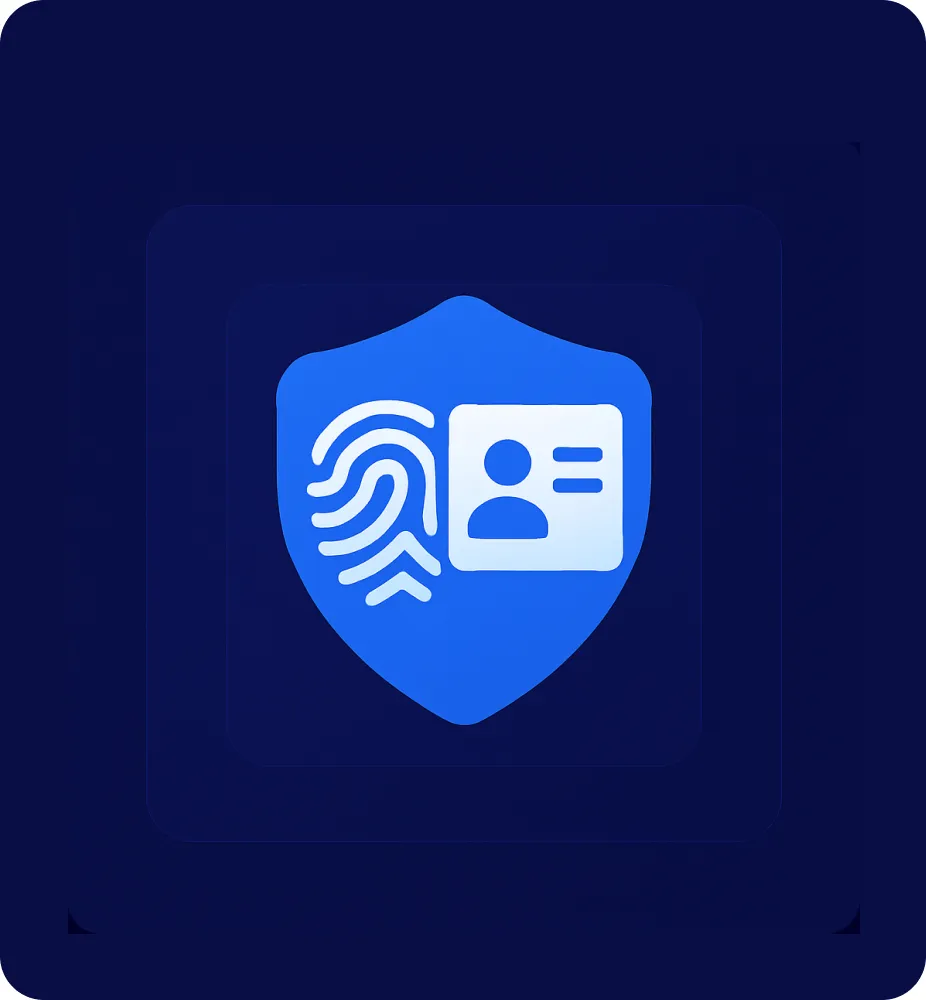 Blue shield icon featuring a fingerprint and an ID card symbolizing biometric and document-backed security.