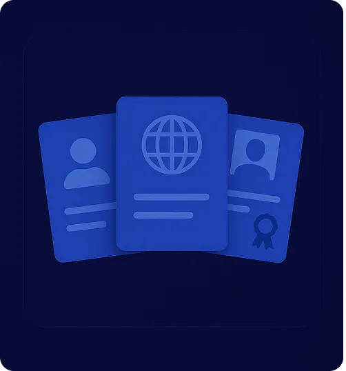 Three blue identification cards with icons of a person, a globe, and a person with a medal on a dark blue background.
