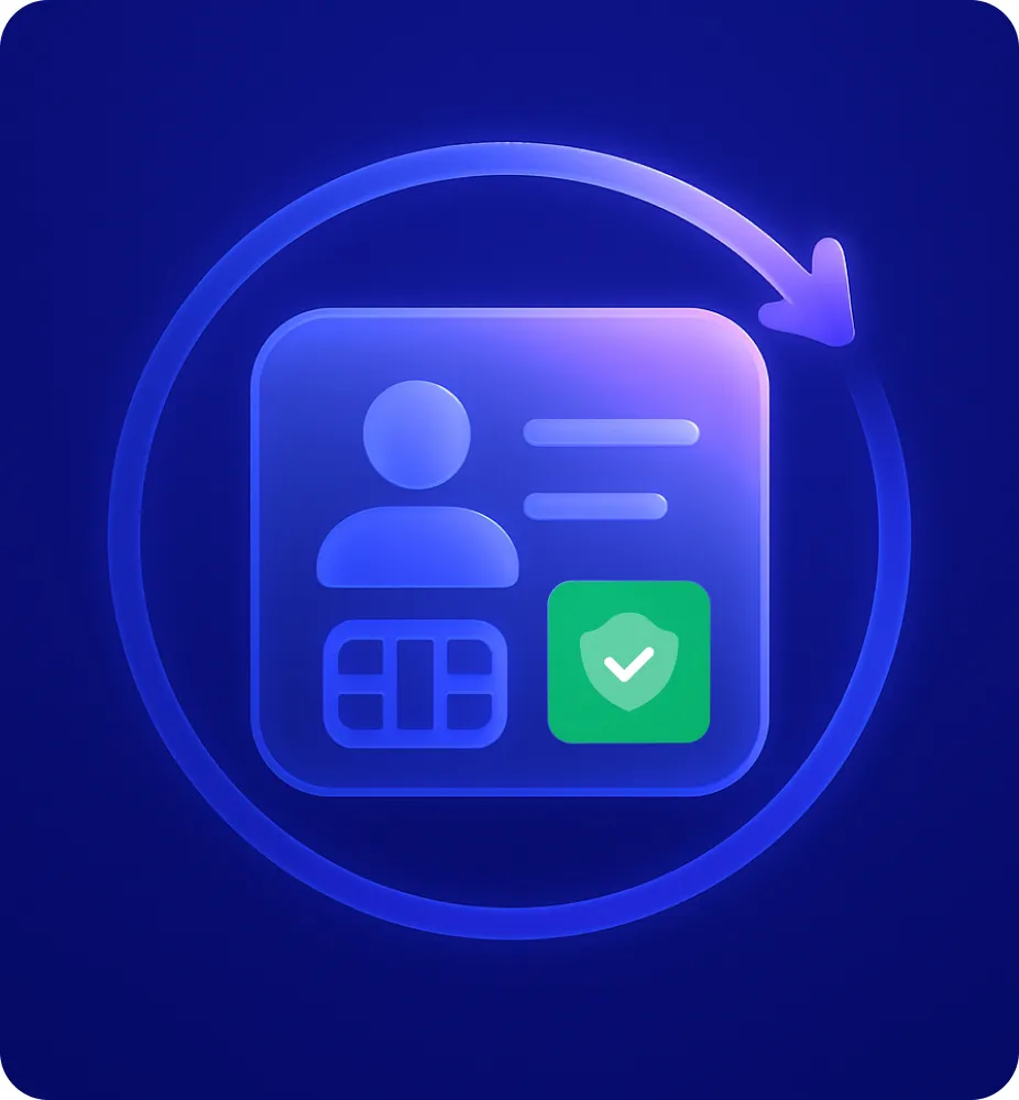 Digital ID card icon with user profile, chip, and green shield checkmark surrounded by clockwise circular arrow.