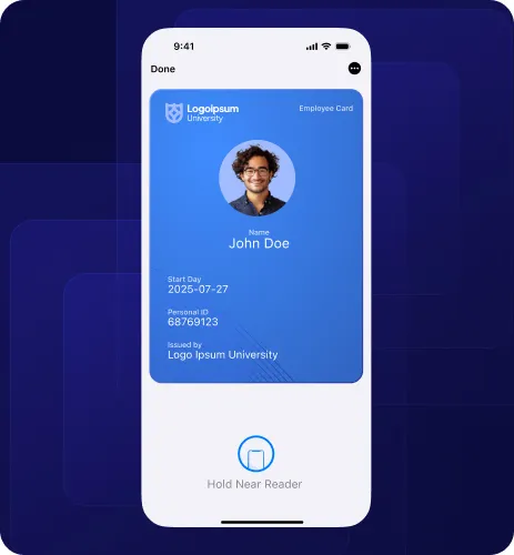 Smartphone screen showing a digital employee card for John Doe from Logolpsum University with personal ID and start date details.