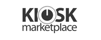 A black and white logo with the words kiosk marketplace.