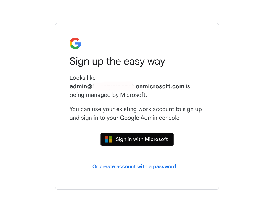 "Screenshot showing the 'Sign in with Microsoft' button on the Google Admin Console sign-in page."