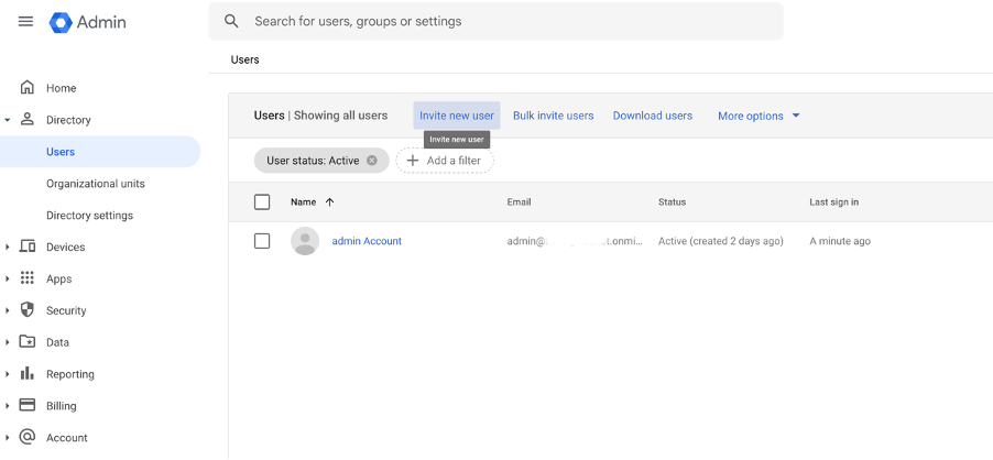 "Screenshot of the Google Admin Console showing the 'Invite new user' option under Directory > Users."