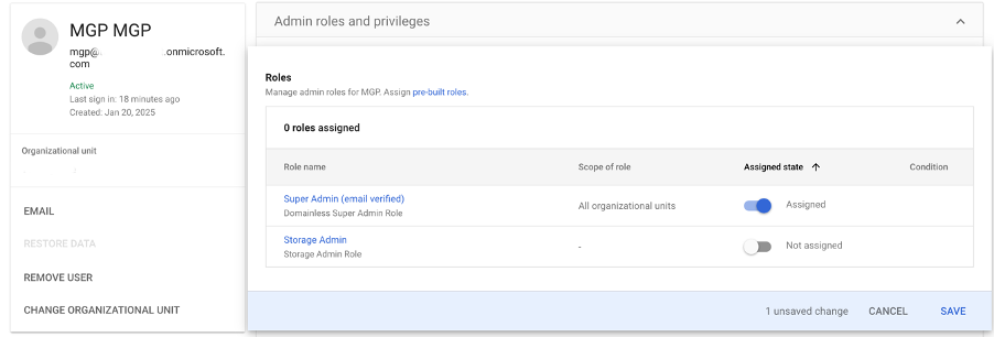"Role assignment interface showing the selection of 'Super Admin' permissions for the user."