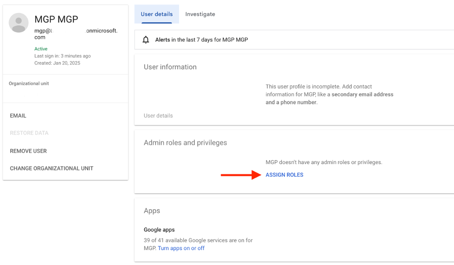 "User profile page in the Google Admin Console with the 'Assign Role' button highlighted."