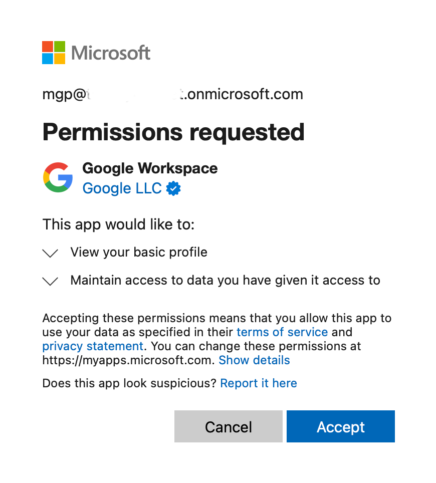 "Permissions request screen for the Google Workspace Entra app, with an 'Accept' button."